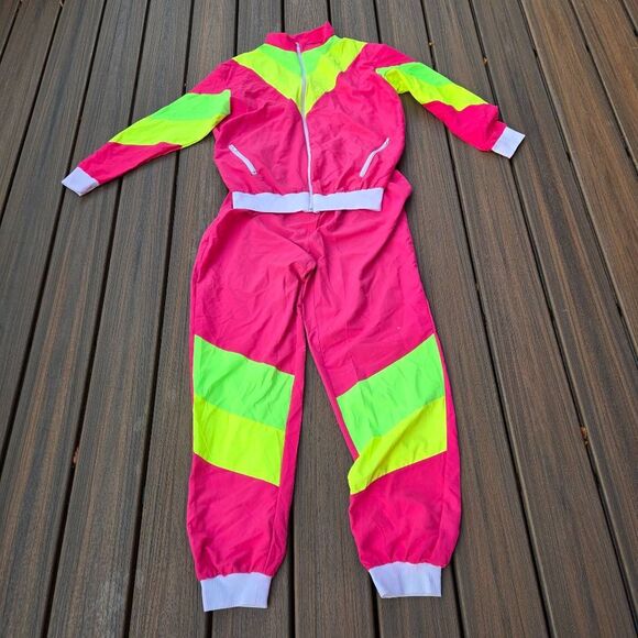 3 tops & 2 pants windbreaker 80s neon costumes fun run pink yellow green M L&xl - Picture 7 of 16